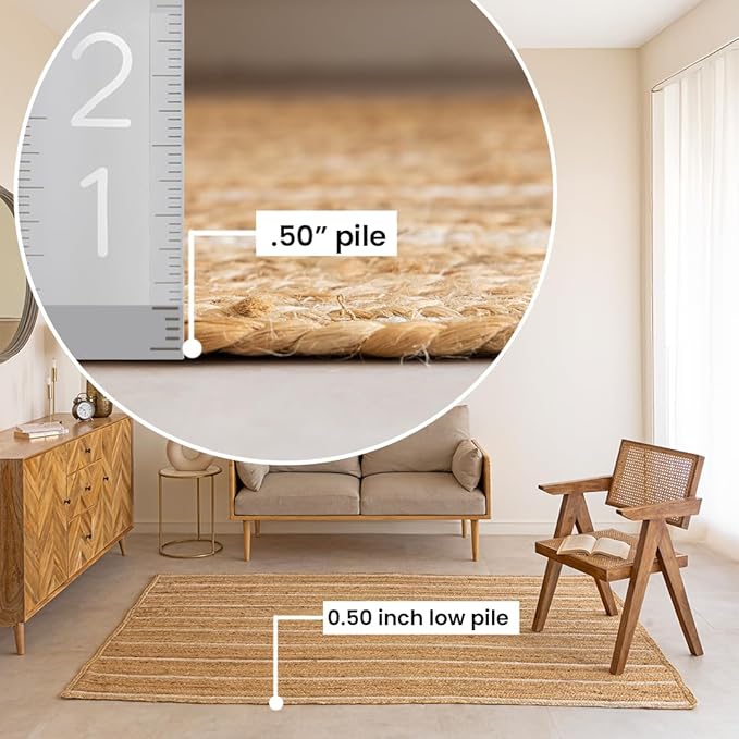 HOMEMONDE Natural Braided Jute Area Rug 5x8 ft - Off White Stripe Eco Friendly Premium Fiber - Hand Woven Rustic Vintage Farmhouse Rugs for Bedroom, Kitchen, Living Room, Dining Room