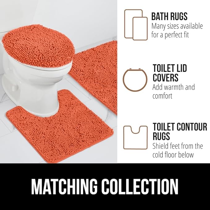 GORILLA GRIP Plush Absorbent Shaggy Chenille Bath Rug Mat for Oval Toilet Base with Rubber Backing, Machine Washable Rugs, Soft Microfiber Contour Mats for Toilets, Bathroom Decor, Coral