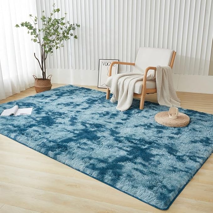 Andency Soft Area Rugs for Living Room Bedroom, 3x5 Non-Slip Fluffy Shag Carpet, Indoor Floor Fuzzy Shaggy Living Room Plush Rug for Kids Dorm Nursery Home Decor Aesthetic, Tie-Dyed Navy Blue