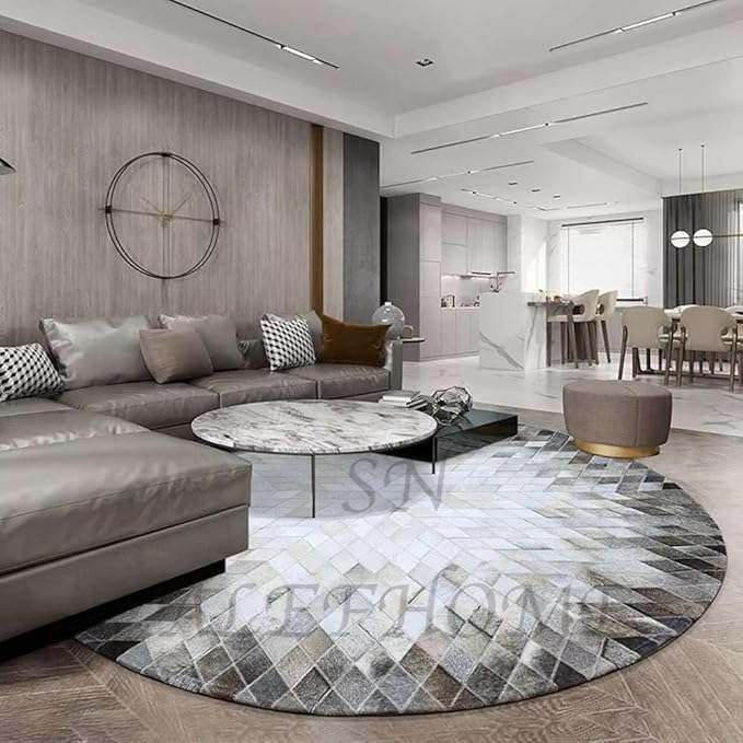 Cowhide Hairon Leather Round Rug, Geometric Patterned Circle Carpet for Living Room, Bedroom, Hall, Brown, 6×6ft