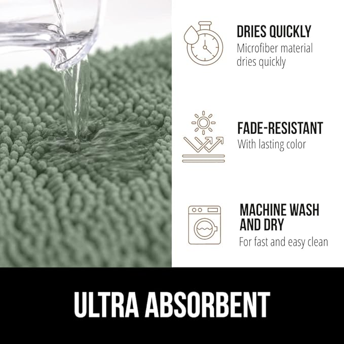 GORILLA GRIP Bath Rug Mat, Thick Soft Absorbent Chenille, Quick Dry Microfiber Mats, Rubber Backing Washable Shower Floor Rugs, US Designed Bathroom Bathmat Home Decor Accessories, 24x17 Sage Green