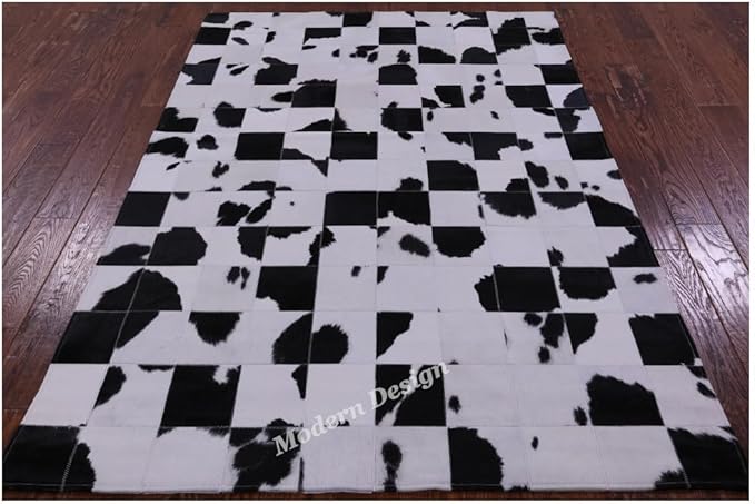 Modern Design Premium Cowhide Leather Carpet with Chevron Pattern, Area Rug (Black/White, 6x9)