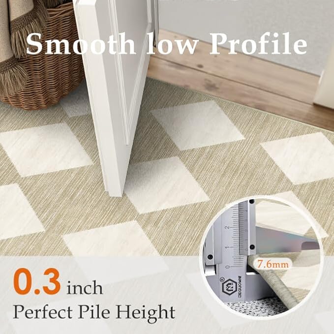 2x8 Runner Checkered Rug for Hallways Beige Washable Long Carpet Non-Slip Low Pile Boho Indoor Accent Throw Rug for Entrance Kitchen Bedroom Dining Laundry