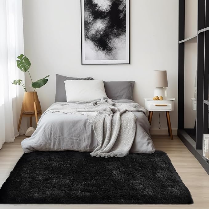 Zentavio Black Area Rugs for Living Room Bedroom 4x6 Men Room Carpet Fluffy Furry Shag Aesthetic Plush High Pile Floor Rug for Nursery Kids Room Dorm Home Decor
