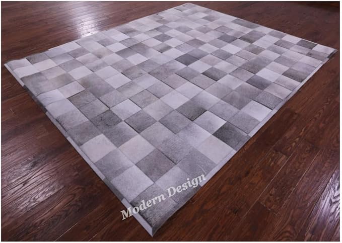 Modern Design Premium Cowhide Leather Carpet with Chevron Pattern, Area Rug (Grey, 2x3)