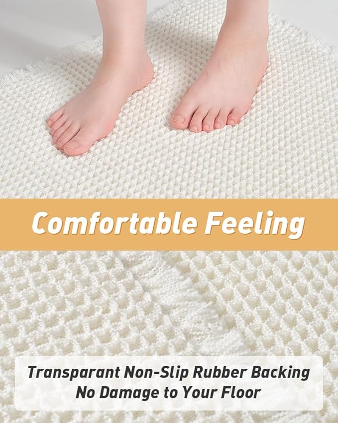 AMOAMI Upgraded Waffle Runner Rug Super Absorbent Non Slip Bath Mats for Bathroom Washable Boho Bathroom Runner Rug with Tassels, Ideal for Hallway Bedroom Laundry Room, White, 2' x 6'