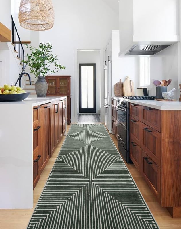 GLN Rugs Contemporary Collection - Machine Washable Area Rug, Contemporary Washable, Non Slip, Low Pile Chenille Rug, Living Room, Bedroom, Kitchen Rug (2'6" x 10' Beige Green)