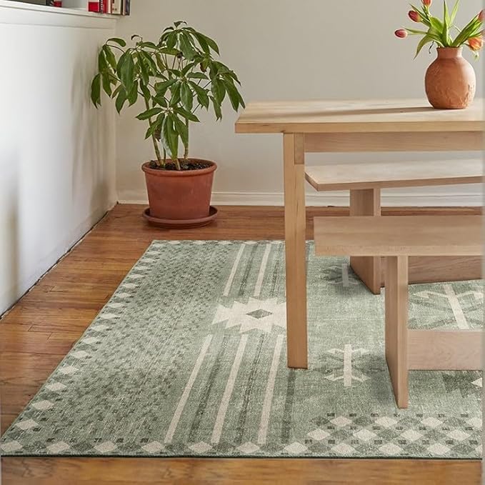 Revival Rugs Flam 4'x6' Zero-Shedding Area Rug for Living Room Bedroom - Oeko-TEX Certified, Low Pile, Spot Clean, Green