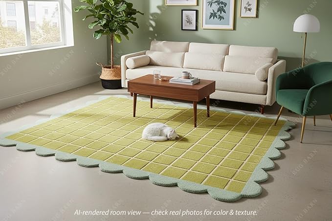 Checkered Wool Area Rug with Scalloped Border, Chartreuse Green & Cream Grid, Hand-Tufted, Soft Cut Pile, Modern Cottagecore Living Room, Bedroom & Nursery Carpet - 2.5x9 Ft (Runner)