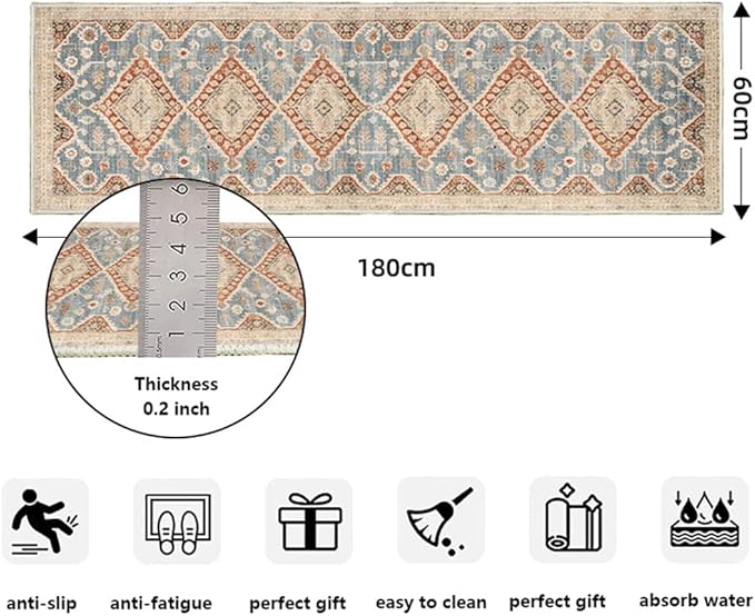 Moroccan Trellis Hallway Runner Rug Non-Slip Washable Geometric Standing Mats Anti-Fatigue Long Farmhouse Kitchen Mat Soft Low-Pile Distressed Area Rugs for Bathroom,Bedroom,Laundry 2' X 7'