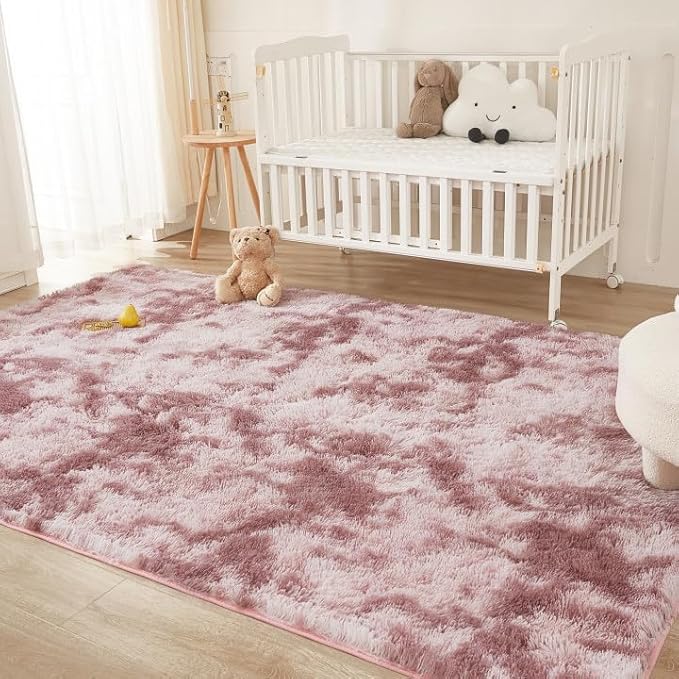 Andency Soft Area Rugs for Living Room Bedroom, 5x8 Fluffy Shaggy Bedside Rug, Non-Slip Large Shag Fuzzy Plush Carpets for Bedroom Kids Dorm Nursery Home Decor Aesthetic, Tie-Dyed Dusty Pink