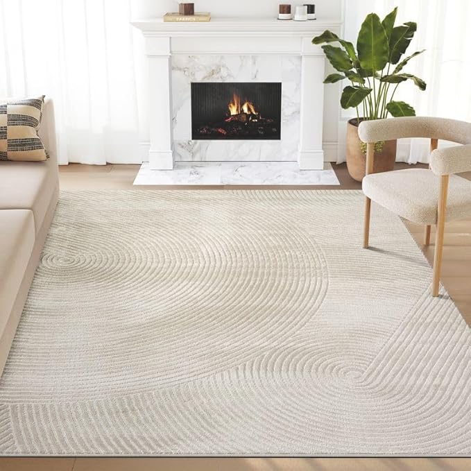 Abani Neutral Beige Area Rug 8' x 10' for Living Room, Bedroom - Zen Reiki Circles Pattern - Durable & Easy to Clean