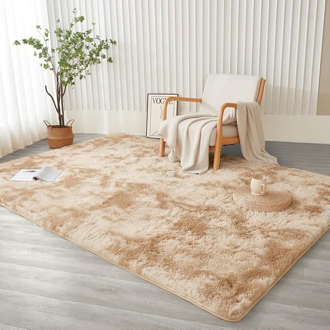 Andency 6x9 Area Rugs, Large Shag Fluffy Soft Shaggy Rugs for Living Room Bedroom, Non-Slip Tie-Dyed Beige Thick Plush Carpet for Kids Girls and Boys, Dorm Nursery Home Decor Aesthetic
