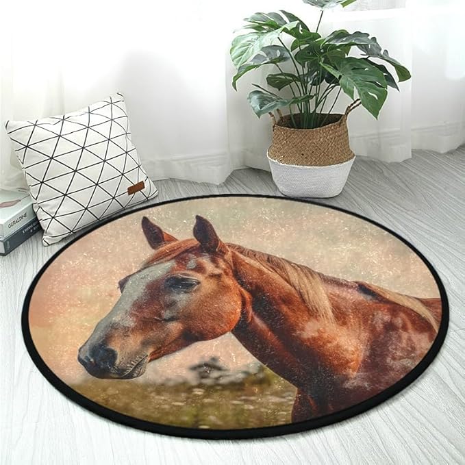 Soft Cozy Horse Print Non Slip Washable Round Rug for Indoors/Outdoors Perfect for Living Room, Bedroom, Entryway, Dorm Room, or Office Room Decor Rug 3ft