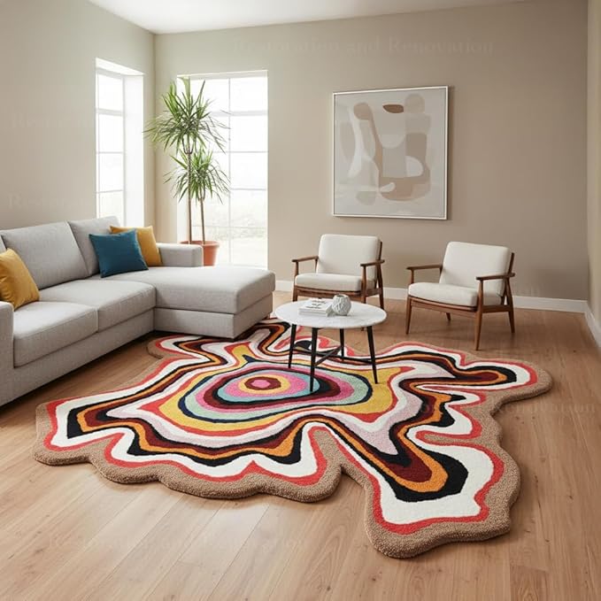 Irregular Shaped Handmade Wool Rug | Modern Colourful Stripe Premium Area Rug Perfect for Home Decor (Multi, 3x3 ft)