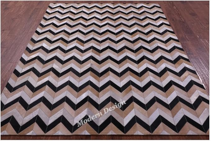 Modern Design Premium Cowhide Leather Carpet with Chevron Pattern, Area Rug (Beige/Black/Grey/Ivory, 6x9)