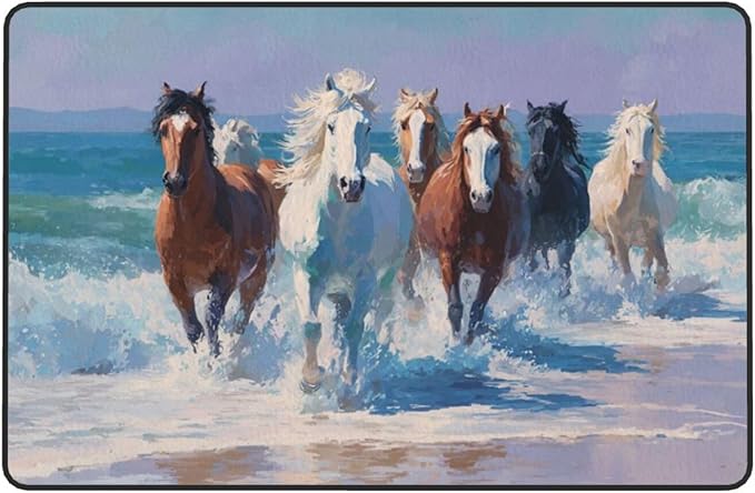 Horse Run Gallop in Waves Ocean Area Rug Washable Outdoor Rugs Anti-Slip Soft Carpet Entryway Indoor Door Mat for Bedroom,Living Room,Porch,Terrace and Entrance Decor 8'x 5'