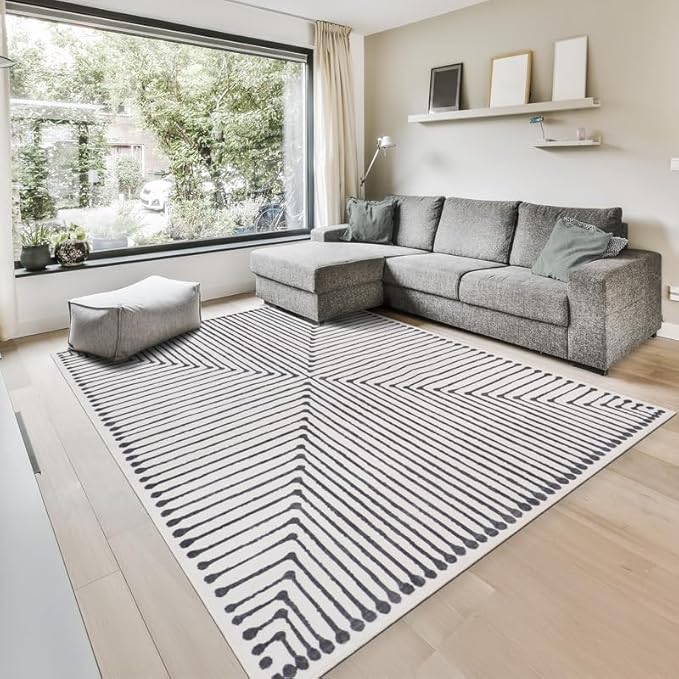 GLN Rugs Contemporary Collection - Machine Washable Area Rug, Contemporary Washable, Non Slip, Low Pile Chenille Rug, Living Room, Bedroom, Kitchen Rug (6' x 9' Black Beige)