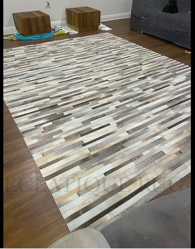 Cowhide Leather Rug for Living Room 6x9, Modern Stripes Style Floor Carpet, Dark Grey Area Rug for Home Decor