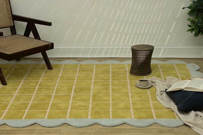 Checkered Wool Area Rug with Scalloped Border, Chartreuse Green & Cream Grid, Hand-Tufted, Soft Cut Pile, Modern Cottagecore Living Room, Bedroom & Nursery Carpet - 5x7 Ft
