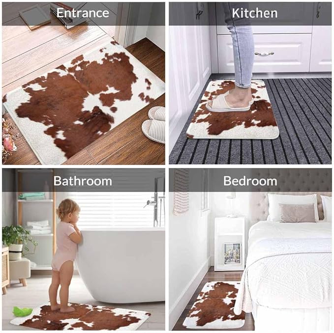 Cowhide Bathroom Mat Rugs Farm Animal Brown Cowhide Print Cow Microfiber Faux Cashmere Thick Plush Bath Mat Non-Slip Water Absorbent Bath Carpet for Bathtub Bathroom Floor Tub 16X24 Inch