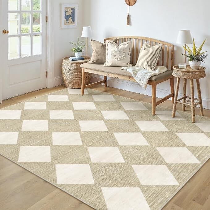 5x7 Checkered Area Rugs for Living Room Beige Machine Washable Large Rug Non-Slip Stain Resistant Low Pile Boho Accent Indoor Throw Carpet for Office Bedroom Dining Room Classroom