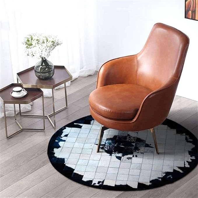 Round Black & White Cowhide Leather Area Rug – Modern Geometric Circle Carpet for Bedroom, Living Room, Dining, or Office – Soft, Non-Slip, Washable Accent Floor Rug | 6x6 ft
