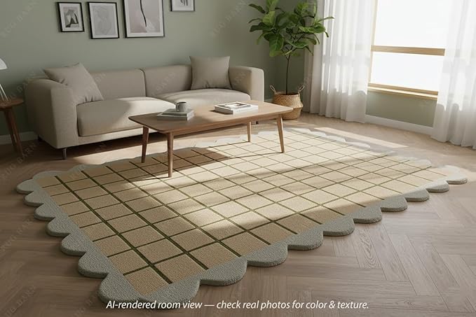 Scalloped Border Wool Area Rug with Windowpane Grid, Hand-Tufted, Beige-Blush with Sage Lines & Light Purple Edge - Soft High-Low Pile for Living Room, Bedroom, Nursery - 7x11 Ft