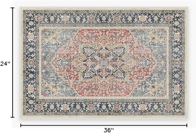RUGGABLE Washable Vintage Area Rug – Kamran Cayenne Red 2x3, Stain-Resistant, Non-Slip – Small Machine Washable Rugs for Living Room, Bedroom, Hallway, Entryway & Bathroom–with Cushioned Pad