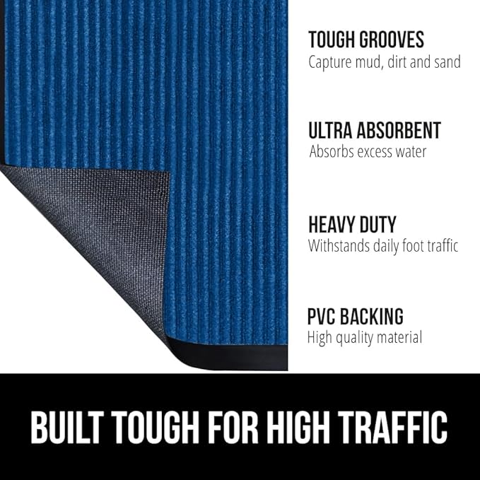 GORILLA GRIP Waterproof Traffic Guard Door Mat, 2 Pack Heavy Duty Entryway Mats, Strong Rubber Back Commercial Utility Rugs for Office Hallway, Garage Floor and Home, Low Profile Carpet, 29x17, Blue