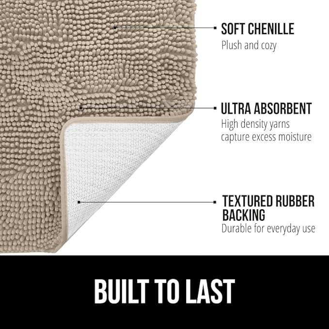 GORILLA GRIP Bath Rug Mat 60x17, Thick Absorbent Chenille, Quick Dry Microfiber Mats, Rubber Backing Washable Shower Floor Rugs, Bathmat Runner, US Designed Bathroom Home Decor Accessories Gray Beige