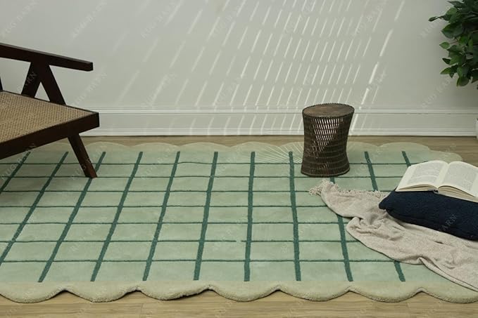Mint Green Scalloped Edge Wool Area Rug with Checker Grid Design, Hand-Tufted Soft Carpet for Living Room, Bedroom, Nursery, Kids & Playroom Décor - 8x8 Ft (Square)