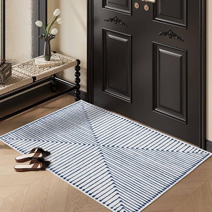 GLN Rugs Contemporary Collection - Machine Washable Area Rug, Contemporary Washable, Non Slip, Low Pile Chenille Rug, Living Room, Bedroom, Kitchen Rug (2' x 3' Blue Ivory)