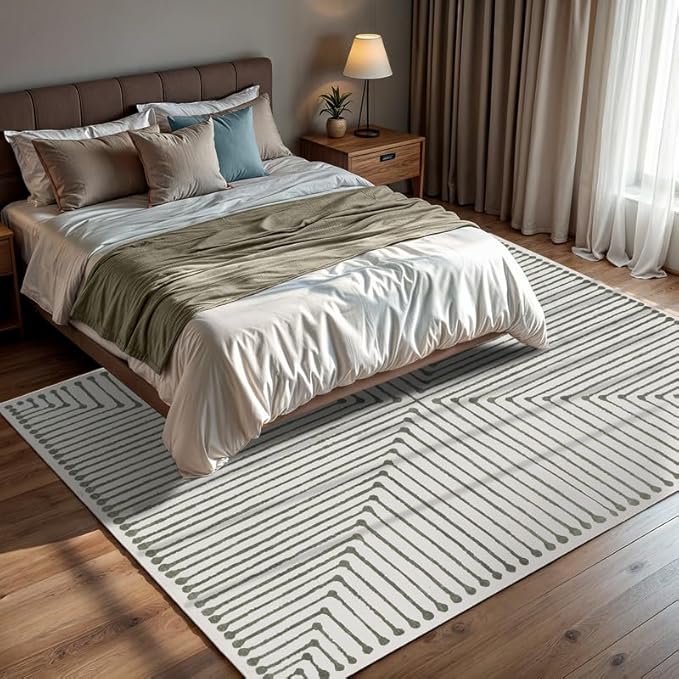 GLN Rugs Contemporary Collection - Machine Washable Area Rug, Contemporary Washable, Non Slip, Low Pile Chenille Rug, Living Room, Bedroom, Kitchen Rug (5' x 7' Green Beige)