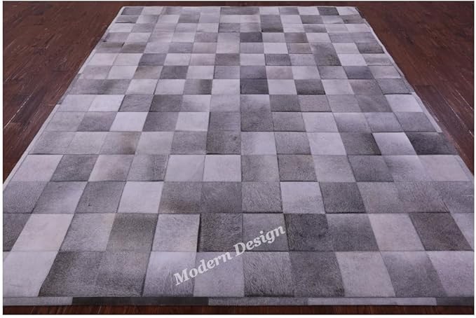 Modern Design Premium Cowhide Leather Carpet with Chevron Pattern, Area Rug (Grey, 3x14)