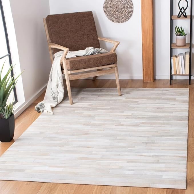 Cowhide Leather Rug for Living Room 9.9x14 Natural Leather Rug Modern Stripes Style Floor Carpet for Home Decor | Superior Indoor Area Rug, White