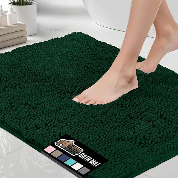 GORILLA GRIP Bath Rug Mat 30x20, Thick Soft Absorbent Chenille, Quick Dry Microfiber Mats, Rubber Backing Washable Shower Floor Rugs, US Designed Bathroom Bathmat Home Decor Accessories, Hunter Green