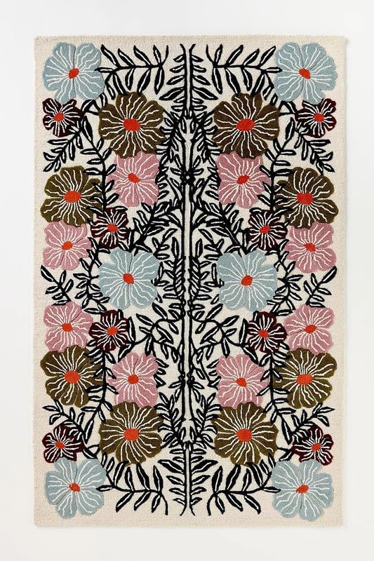 Bold Floral Hand-Tufted Wool Rug 3x5 Ft – Vintage-Style Area Carpet with Modern Botanical Pattern for Living Room, Bedroom, Nursery, Cottagecore Décor, Soft Wool Pile, Cotton Backing