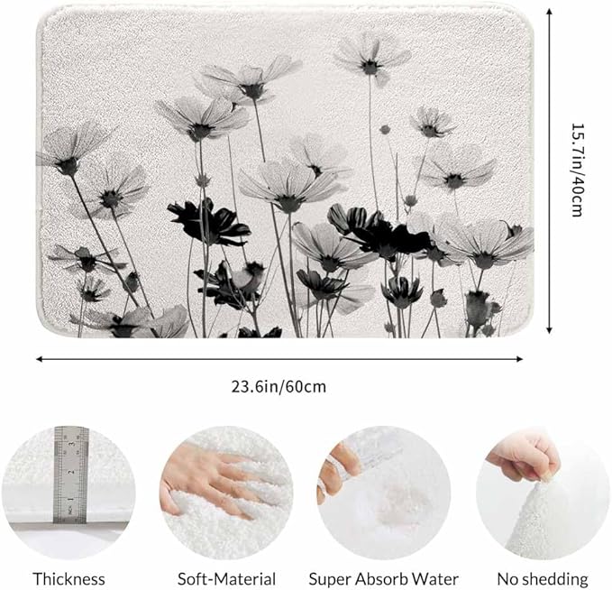 Cosmos Flowers Bathroom Mat Rugs Black and White Pattern Microfiber Faux Cashmere Thick Plush Bath Mat Non-Slip Water Absorbent Bath Carpet for Bathtub Bathroom Floor Tub 16X24 Inch