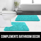 GORILLA GRIP Plush Absorbent Shaggy Chenille Bath Rug Mat for Oval Toilet Base with Rubber Backing, Machine Washable Rugs, Soft Microfiber Contour Mats for Toilets, Bathroom Decor, Turquoise