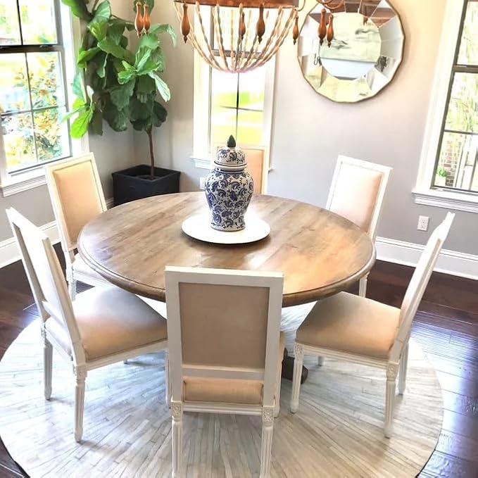 Faux Cowhide Round Area Rug | Non-Slip Leather Floor Carpet for Living Room, Bedroom, and Home Décor | Modern Stylish Accent Rug(White_5x5)