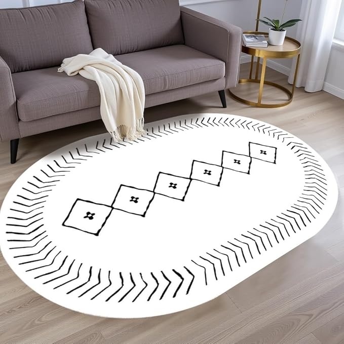Simple Black and White Geometric Texture Bordered Area Rug 7x10 for Living Room Bedroom Dining Room Soft Washable Anti Slip Floor Mats Doormat Modern Minimalist Large Carpet Cozy Indoor Oval Rugs