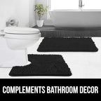 GORILLA GRIP Plush Absorbent Shaggy Chenille Bath Rug Mat for Square Toilet Base with Rubber Backing, Machine Washable Rugs, Soft Microfiber Contour Mats for Toilets, Bathroom Decor, Black