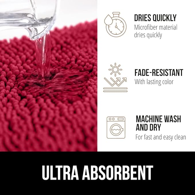 GORILLA GRIP Bath Rug Mat, Thick Soft Absorbent Chenille, Quick Dry Microfiber Mats, Rubber Backing Washable Shower Floor Rugs, US Designed Bathroom Bathmat Home Decor Accessories, 24x17, Red