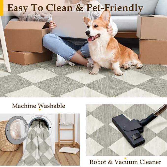 8x10 Checkered Area Rugs for Living Room Grey Machine Washable Large Rug Non-Slip Stain Resistant Low Pile Boho Accent Indoor Throw Carpet for Bedroom Dining Room Home Aesthetic Decor