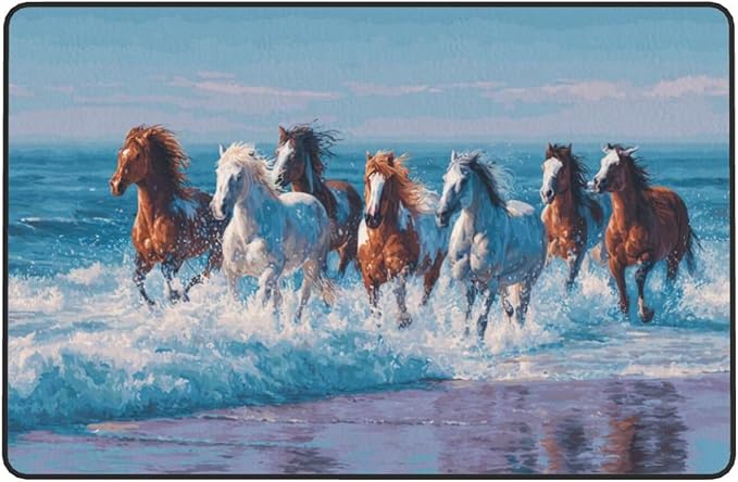 Horse Run Gallop in Waves Ocean Area Rug Washable Outdoor Rugs Anti-Slip Soft Carpet Entryway Indoor Door Mat for Bedroom,Living Room,Porch,Terrace and Entrance Decor 6'x 4'