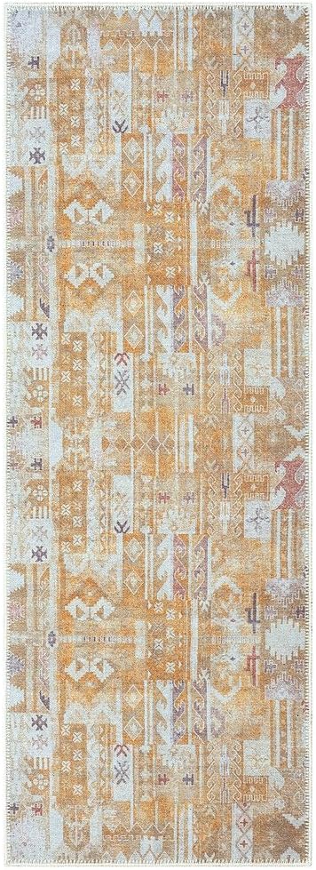 GLN Rugs Traditional Collection - Machine Washable Area Rug, Traditional Washable, Non Slip, Low Pile Chenille Rug, Living Room, Bedroom, Kitchen Rug (2'6" x 7' Sand/Light Gray)