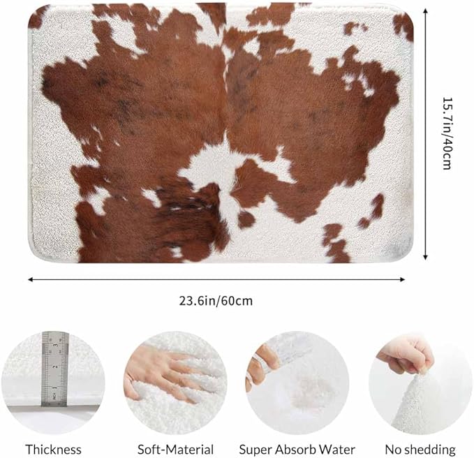 Cowhide Bathroom Mat Rugs Farm Animal Brown Cowhide Print Cow Microfiber Faux Cashmere Thick Plush Bath Mat Non-Slip Water Absorbent Bath Carpet for Bathtub Bathroom Floor Tub 16X24 Inch