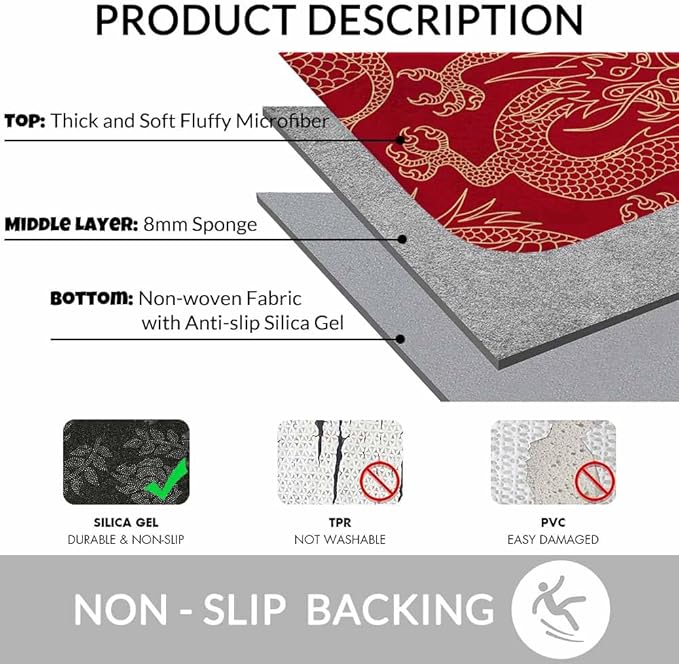 Dragon Bath Rugs Microfiber Bathroom Mat Soft Plush Shaggy Shower Mat for Bathroom Fluffy Comfortable Water Absorbent Carpet Non-Slip Machine Washable 20"X30"