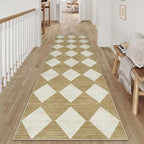 2x8 Runner Checkered Rug for Hallways Brown Washable Long Carpet Non-Slip Low Pile Boho Indoor Accent Throw Rug for Entrance Kitchen Bedroom Dining Laundry